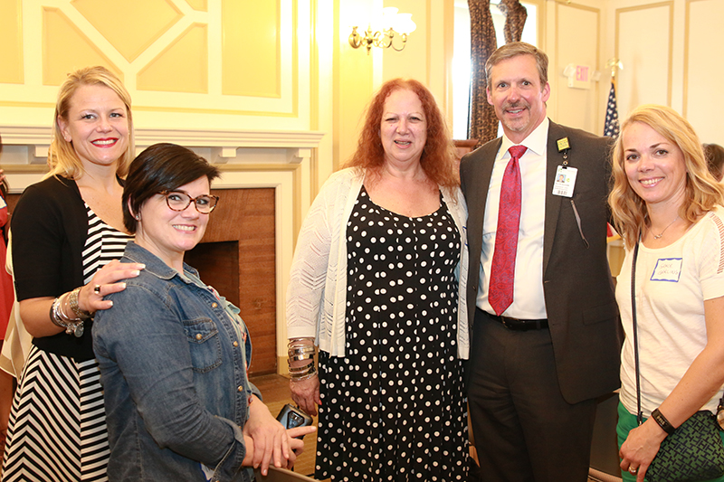 From left: Nancy Oliviera, Henry Lord Community School -Truce Center; Aimee Bronhard, principal, Henry Lord Community School - Truce Center; Wendy Garf-Lipp, executive director, United Neighbors of Fall River; Keith A. Hovan, president and CEO, Southcoast Health; and Grace Gerling, Executive Director, Greater Fall River Re-Creation. Nonprofit employees and Southcoast Health officials recently celebrated grant recipients. COURTESY SOUTHCOAST HEALTH